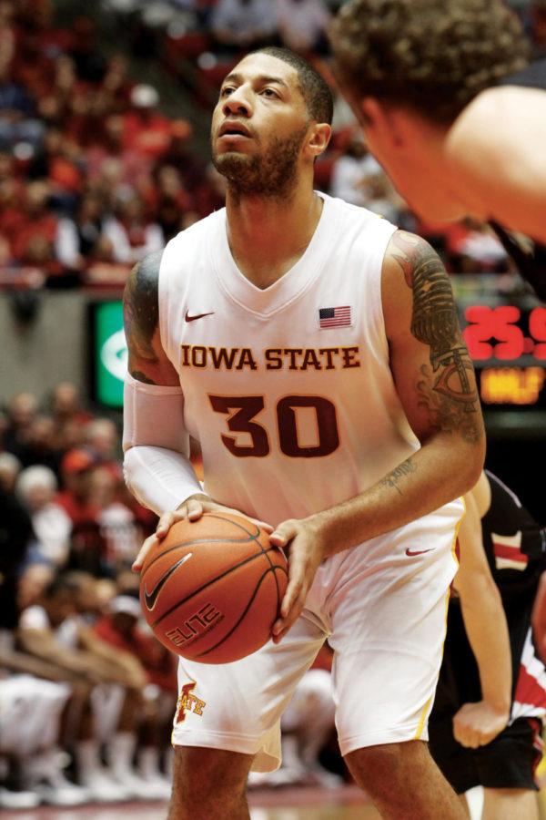 Sophomore forward Royce White stands at the line, preparing to
shoot a free throw during the Iowa State mens basketball game
against Texas Tech on Wednesday, Feb. 22, at Hilton Coliseum. The
Cyclones overcame an early lead by the Red Raiders to win their
20th by a score of 72-54.

