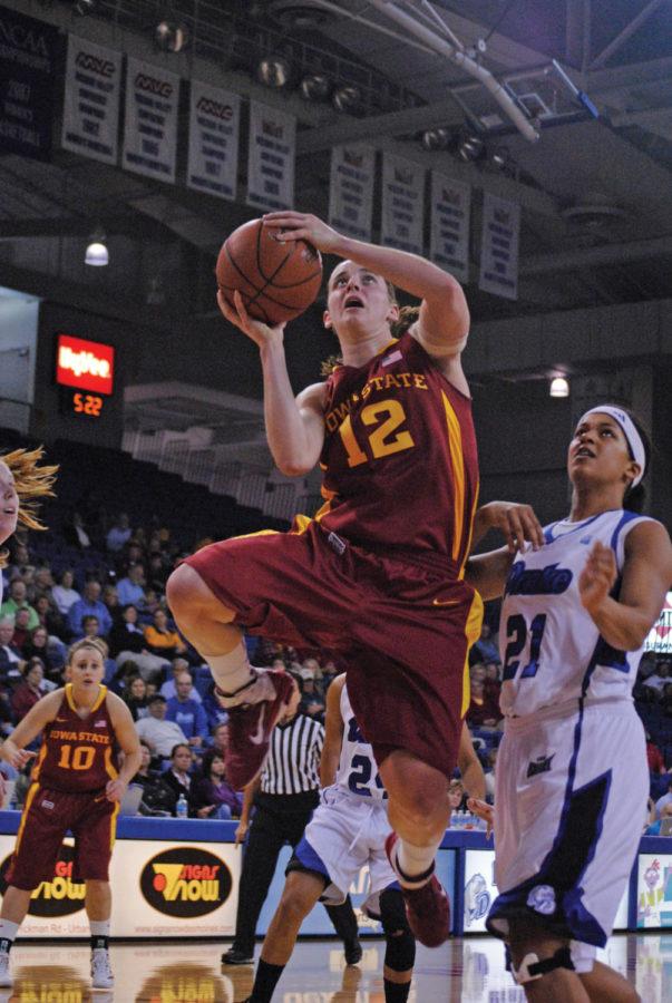 ISU forward Jessica Schroll goes up for a shot in the first half
of Iowa States game against Drake on Tuesday, Nov. 15, 2011, at
the Knapp Center in Des Moines. The Cyclones trailed by as many as
13 in the second half, but prevailed with a 71-64 win over the
Bulldogs.
