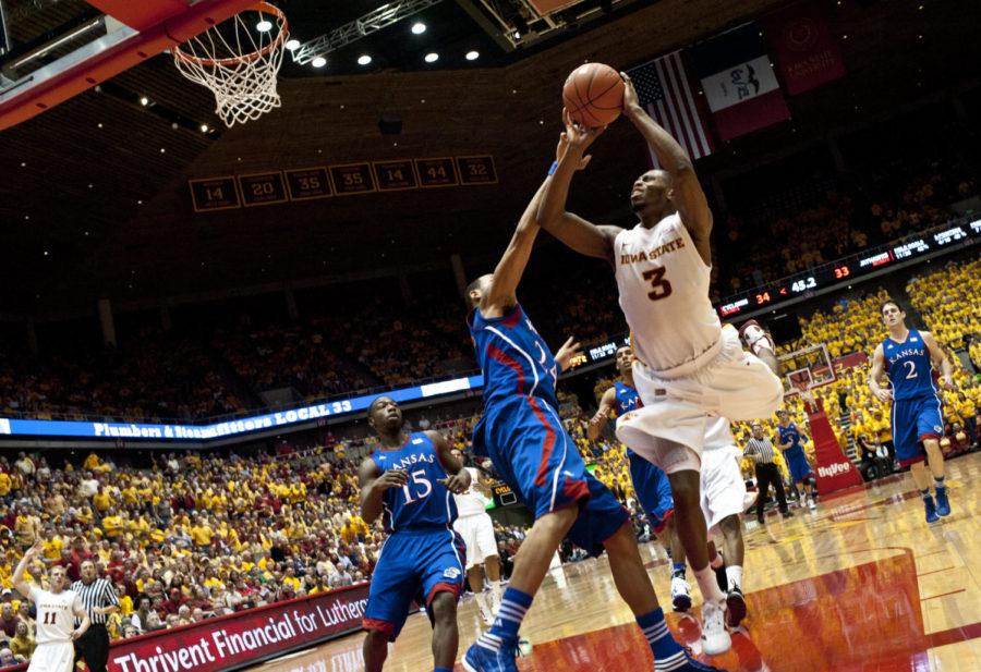 Forward Melvin Ejim shoots the ball in the game
against Kansas at Hilton Coliseum on Saturday, Jan. 28. Ejim was
second in scoring for the Cyclones, scoring a total of 15 points
with eight rebounds.
