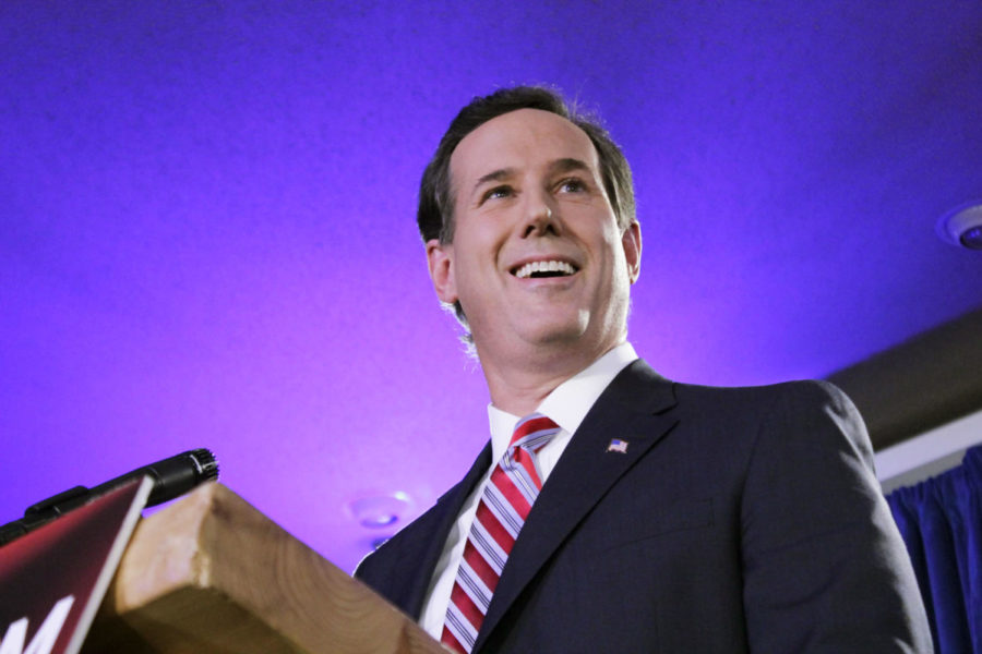 Rick Santorum, former Pennsylvania congressman, jokes about the
abundance of Pizza Ranch restaurants in Iowa while addressing the
crowd at his post-caucus party at Stoney Creek Inn in Johnston on
Tuesday, Jan. 3. He attributed Iowas cuisine, notably that present
at the Iowa State Fair, for the reason I dont have my jacket
buttoned up tonight. 
