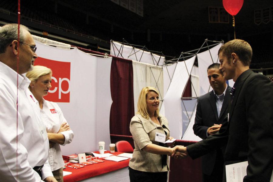 JC Penny was in full force talking with Bryant Johnson,
sophomore in pre-business, at the Business, Liberal Arts and
Sciences, and Human Services Career Fair on Wednesday, Sept. 28, at
Hilton Coliseum. JC Penny is a retail store with a multitude of
products, and looks to Iowa State for hirees, especially
considering the design skills learned here, according to a JC Penny
representative.  
