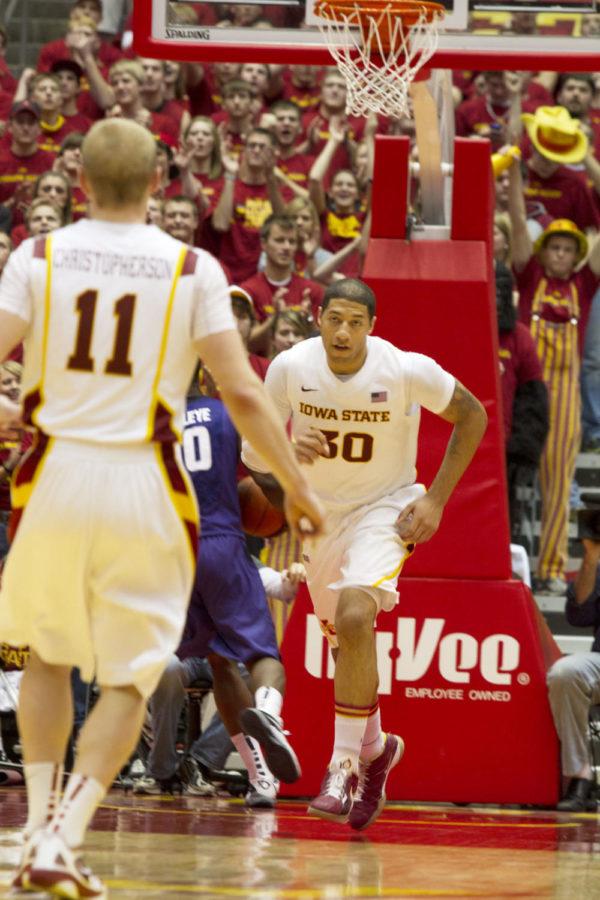 Forward Royce White runs down the court during Iowa States
72-70 win again Kansas State on Tuesday, Jan. 31, at Hilton
Coliseum. White scored 22 points — including the game-winner with
1.8 seconds left — and had eight rebounds against the Wildcats.
