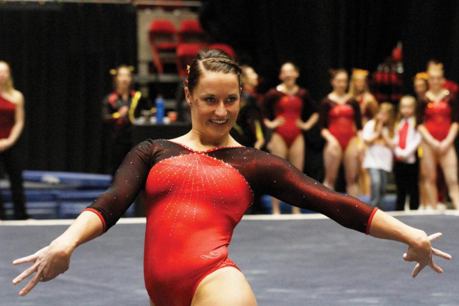 Senior Shea Anderson performs her floor routine during the Iowa State gymnastics teams meet against Minnesota on Sunday, Feb. 26 at Hilton Coliseum. Andersons 9.800 in the floor exercise contributed to the Cyclones team score of 49.175, its highest score on any single event this year. 
