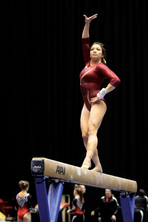 Michelle Browning takes to the beam during the ISU gymnastics
team's meet against Southeast Missouri State on Monday, Feb. 20, at
Hilton Coliseum. Browning scored a season-high 9.850 on the beam,
winning her the event.
