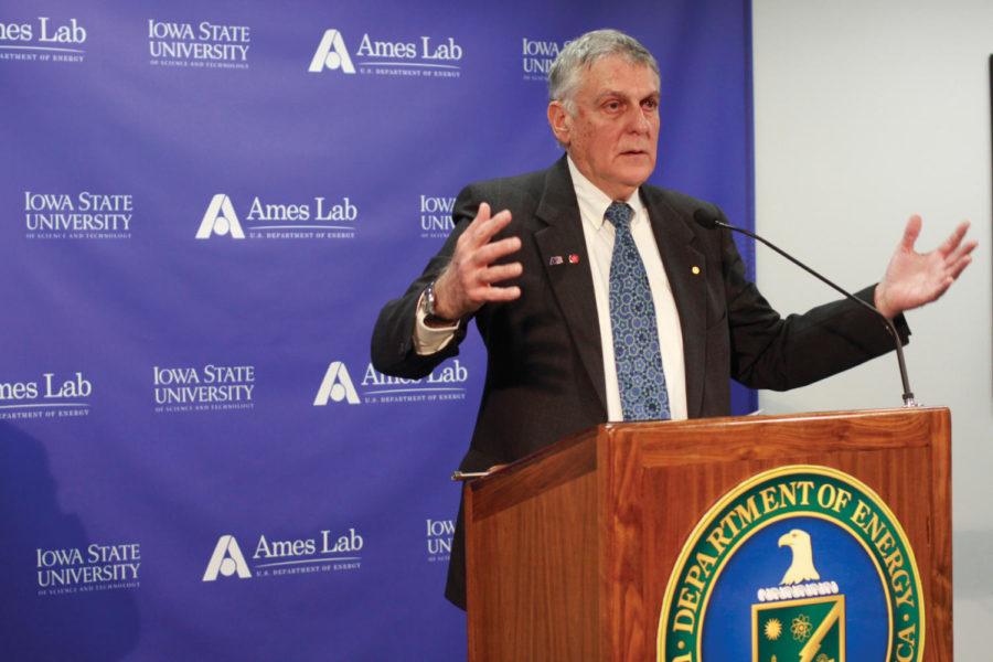 Dan Shechtman, Nobel Prize laureate and ISU professor of
materials science and engineering, speaks during a news conference
Tuesday, Feb. 14, at the technical and administrative services
facility. Shechtman talked about how his life has changed after
receiving the Nobel Prize in 2011.  
