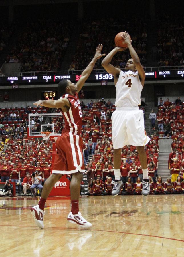 Chris Allen shoots a 3-pointer against Oklahoma on Saturday,
Feb. 18, at Hilton Coliseum. Allen had 16 points in the Cyclones
win.

