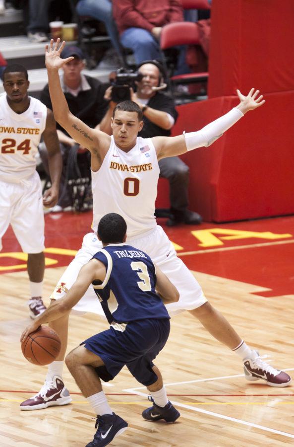 Iowa States Jordan Railey defends during the Cyclones game against Montana State on Saturday, Nov. 27 in Hilton Coliseum. The Cyclones beat the Bobcats 81-59.