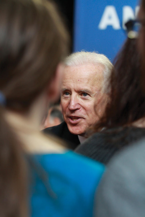 Vice President of the United States Joe Biden talks to students after his speech on Thursday, March 1, in Howe Hall at the College of Engineering. Biden talked about economic issues and bringing manufacturing jobs back to America, as well answered the audiences questions.

