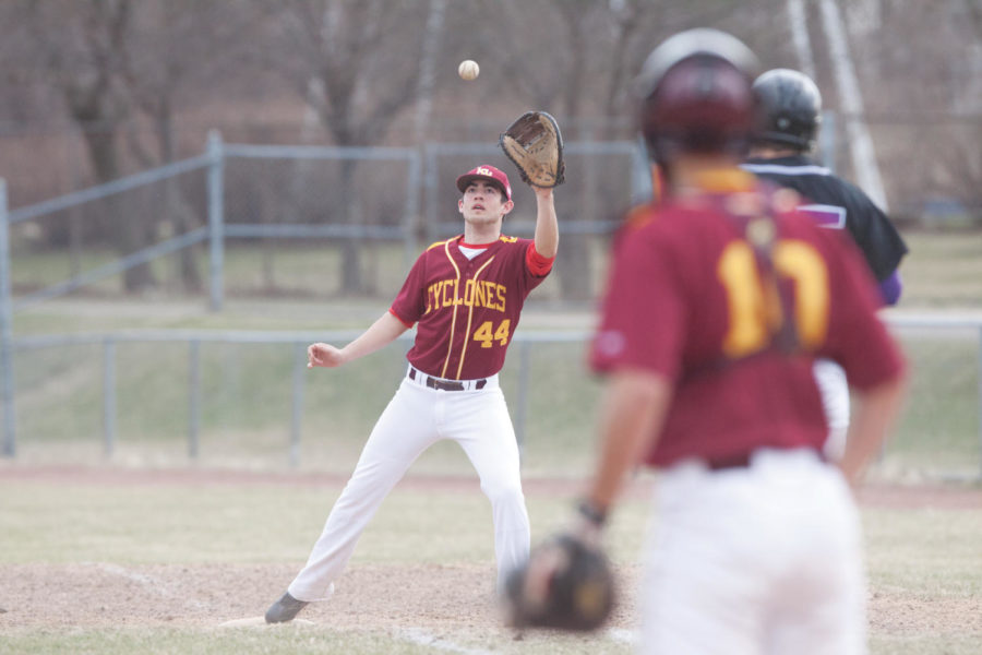 Aaron Hinnah plays during the club baseball game against Minnesota State in a doubleheader April 3 at the Southwest Sports Complex.