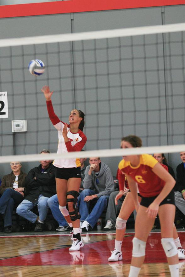 Iowa State volleyball team opens its spring season, hosting Wayne State, Northern Iowa and Minnesota at the West Towne Courts on Saturday. Rachel Hockaday helps ISU to defeat Panthers during the Cyclones match against the University of Northern Iowa on Saturday, March 26 at West Towne Courts. Photo :Zunkai Zhao/Iowa State Daily