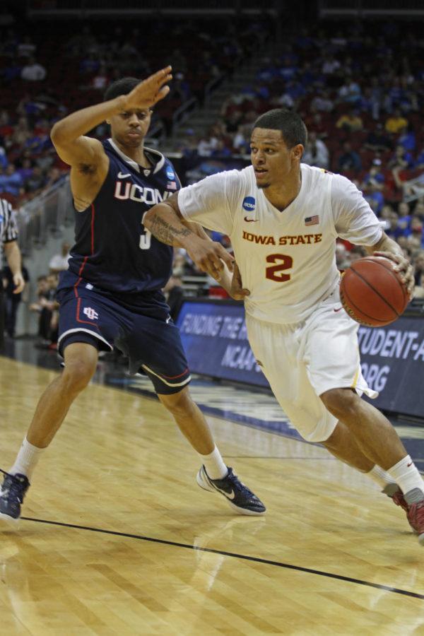 ISU guard Chris Babb drives past Connecticut guard Jeremy Lamb during the second half of Iowa States 77-64 win over the Huskies. Babb scored only two points, but stifled Lamb defensively much of the night.
