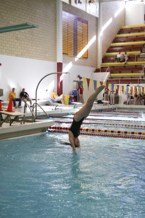 Members of the ISU diving team took part in the womens three-meter diving competition during the meet on Saturday, Oct. 30. Iowa State junior Sarah Nelson took first place in the diving event.