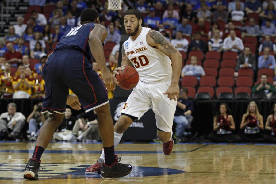 ISU forward Royce White dribbles the ball up court to open the Cyclones game with Connecticut on Thursday night in Louisville, Ky. White scored the games first points, a slam dunk, propelling the Cyclones to a 22-point lead in the first half ultimately leading to a 77-64 win over the Huskies.
