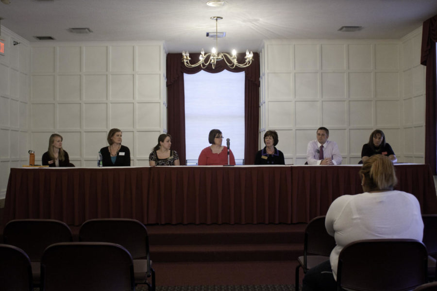 Representatives from various universities give advice about applying to a professional school during the Professional School Fair on Tuesday, March 27, in the Cardinal Room of the Memorial Union.
