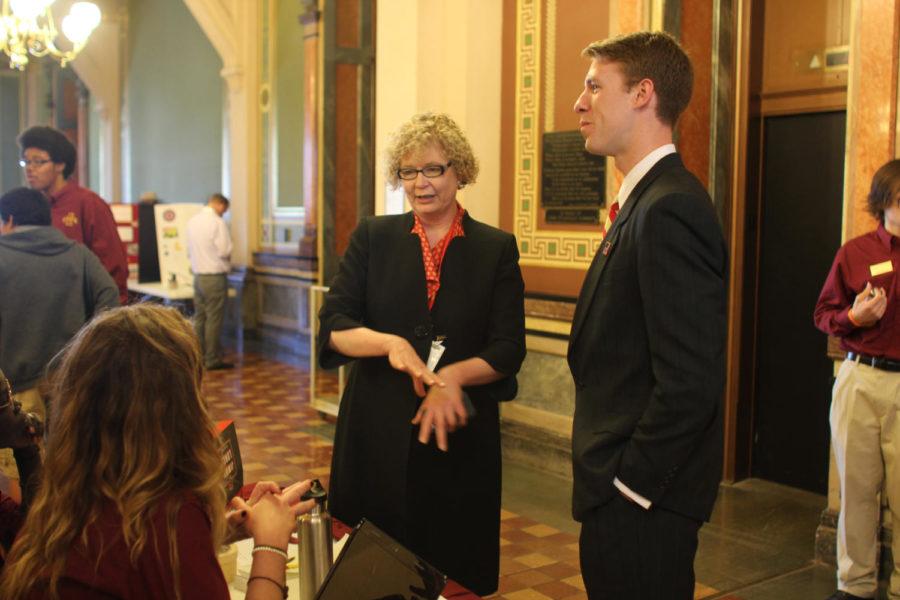 Beth Wessel-Kroeschell, member of the House representing dictrict 45, speaks with members of ISU Ambassadors at the Iowa Capitol on Thursday, March 29. Kroeschell encourages students to continue lobbying after Regents Day.
