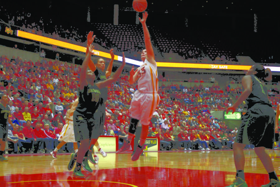 Forward Chelsea Poppens puts up a shot against Baylor
on Saturday, Jan. 7, at Hilton Coliseum. Poppens grabbed eight
rebounds and had two points and two assists.
