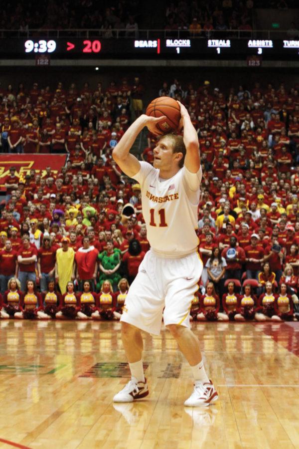 Senior guard Scott Christopherson lines up for a shot during the ISU basketball game against Baylor on Saturday at Hilton Coliseum. Christopherson led the Cyclones in his last game at Hilton Coliseum with 23 points and four rebounds in the victory over the Bears 80-72.
