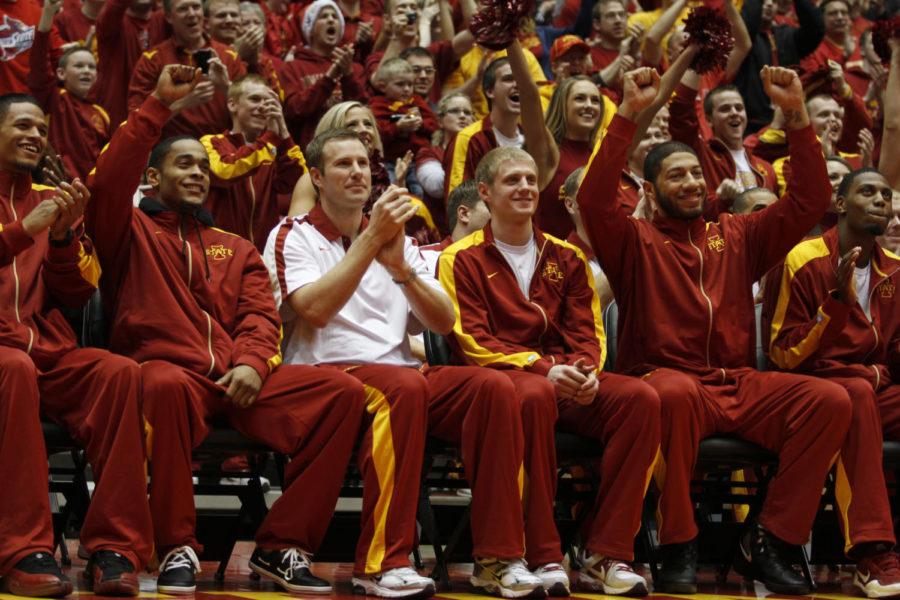 Members of the ISU mens basketball team react to the announcement that the Cyclones would be a No. 8 seed in the NCAA tournament, facing No. 9-seeded Connecticut on Thursday in Louisville, Ky.
