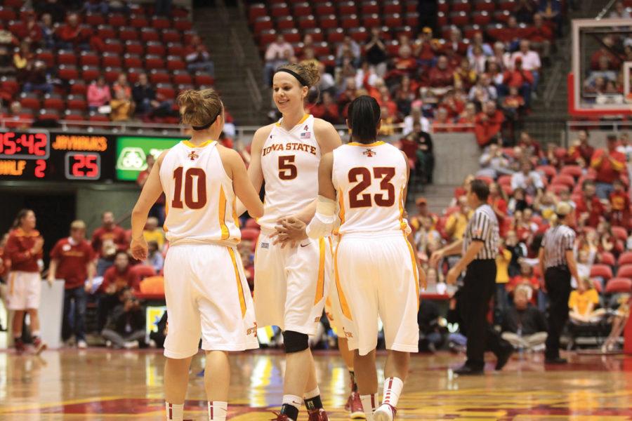 Iowa State celebrates after a Lauren Mansfield 3-pointer.
Mansfield scored 9 points with 6 assists in her 31 minutes on court
Wednesday, Feb. 15. 

