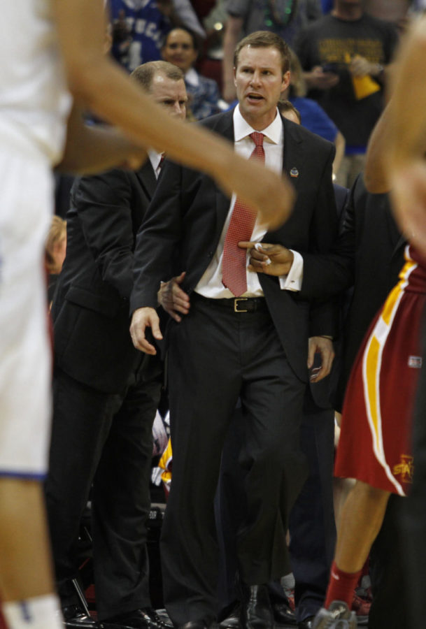 ISU coach Fred Hoiberg shouts at officials after receiving a technical foul during the second half of his team's 87-71 loss to Kentucky in the third round of NCAA tournament play. The technical was Hoiberg's first in his two-year career.
