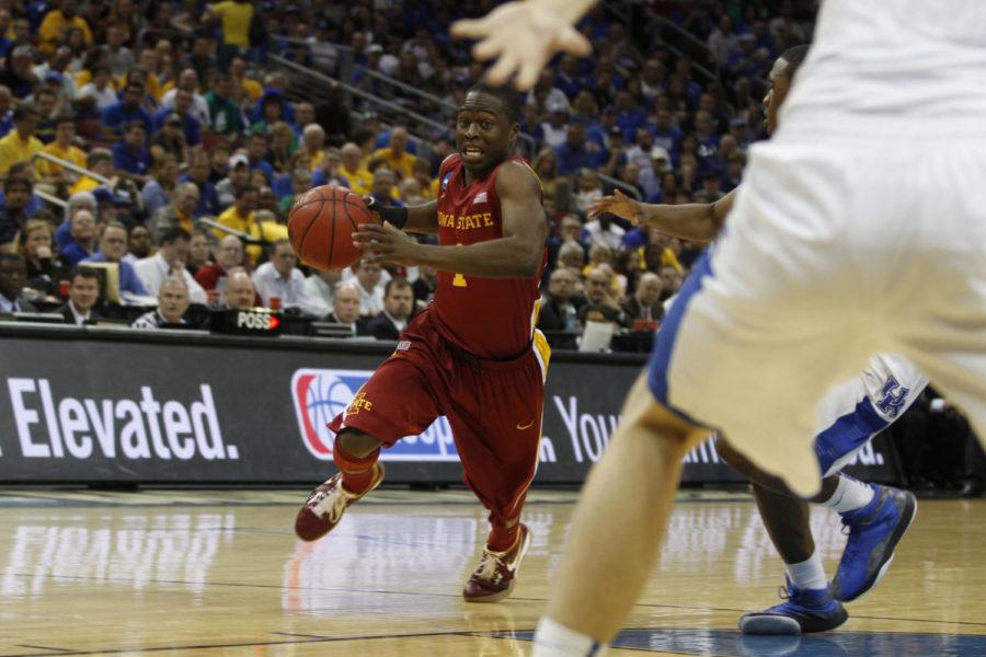 ISU guard Bubu Palo drives the ball toward the basket in Iowa States matchup with No. 1 and overall top-seeded Kentucky in the third round of the NCAA tournament in Louisville, Ky., on Saturday, March 17, falling 87-71 to the Wildcats. Palo scored four points and added a rebound off the bench for the Cyclones.

