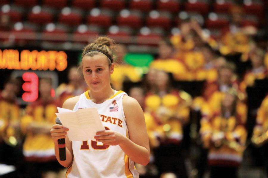 Senior guard Lauren Mansfield tears up while giving a senior night speech following the ISU womens basketball teams victory against Kansas State on Wednesday, Feb. 29, at Hilton Coliseum. Mansfield finished with 13 points in her last home game for the Cyclones, who won by a score of 57-33. 
