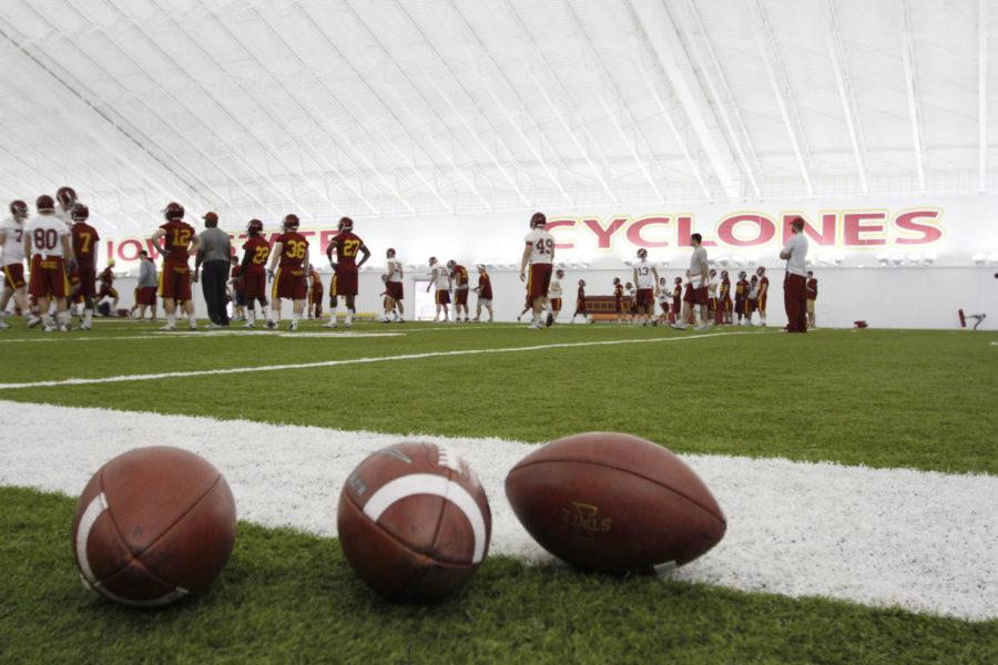 The Cyclone football team started spring practice Tuesday, March 20, at Bergstorm Indoor Practice Facility.
