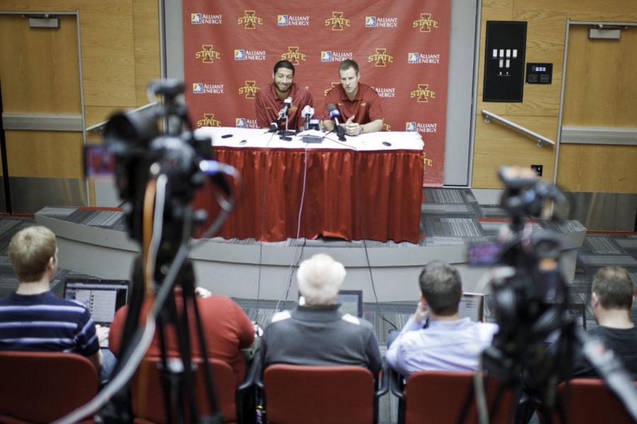 Royce White, ISU basketball point-forward, talks at a news conference about his NBA future with his coach, Fred Hoiberg, at Jacobson Athletic Building on Wednesday, March 21. White declared that he will enter 2012 NBA draft. 
