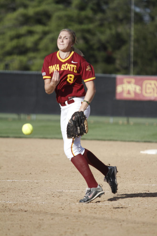 After a change in pitching in the fourth inning, freshman Madison Jones takes over for Tori Torrescano on Tuesday, March 27, at the Southwest Athletic Complex. While Jones was pitching, the Cyclones didnt allow any home runs.
