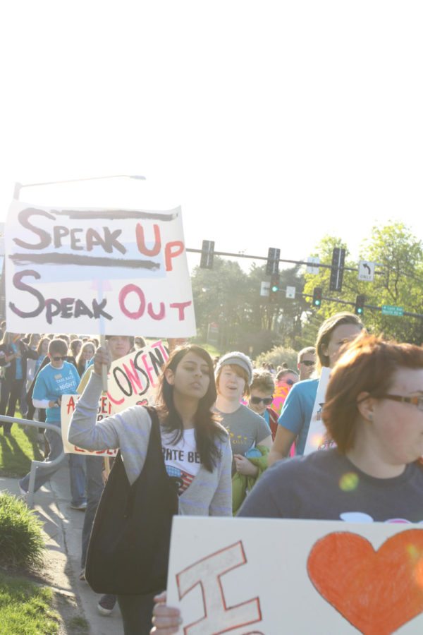 Students march for Take Back the Night on campus Wednesday, April 11. The purpose of this march was to unify people in an awareness of violence against the people we know and love. 
