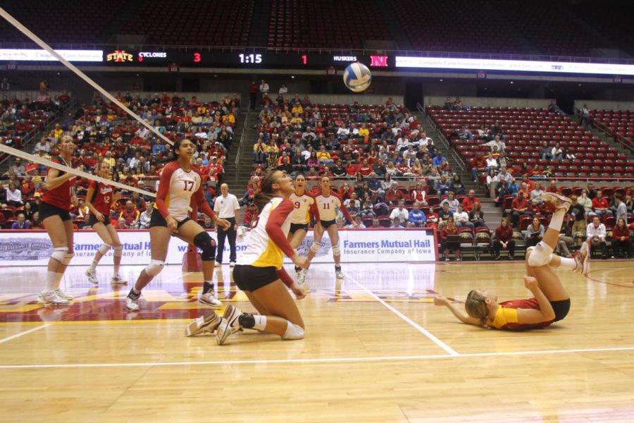 Defensive specialist and libero Kristen Hahn dives to bump the ball to safety, only to have it knocked out of bounds again during the Iowa State — Nebraska spring game held Saturday, April 21, evening at Hilton Coiliseum. Hahn lead the team with in digs with 19 throughout the four sets.
