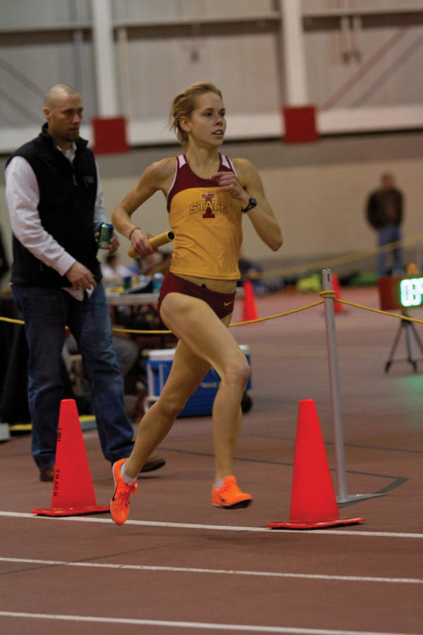 Freshman distance runner Maddy Becker opens for her team in the
distance medley relay in the ISU Open on Friday, Jan. 20, at Lied
Recreation Athletic Center. Her team finished in fifth place with a
time of 12.18.20.
