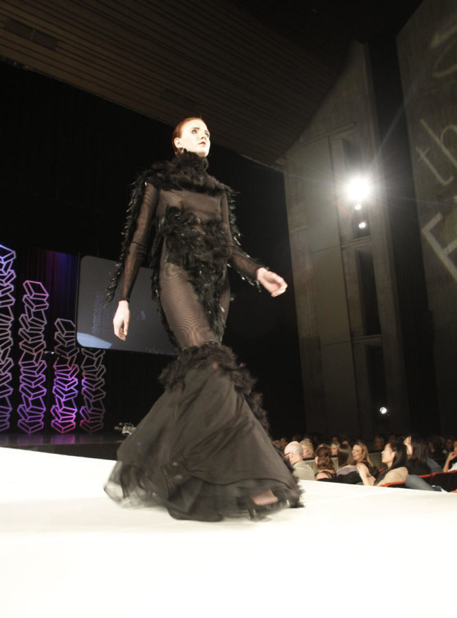 Zachary Davis and Lauren Dixon, both seniors in the apparel program, won the Peoples Choice award for this dress called Black Swan during the Fashion Show 2012, which took place Saturday, April 14, at Stephens Auditorium.
