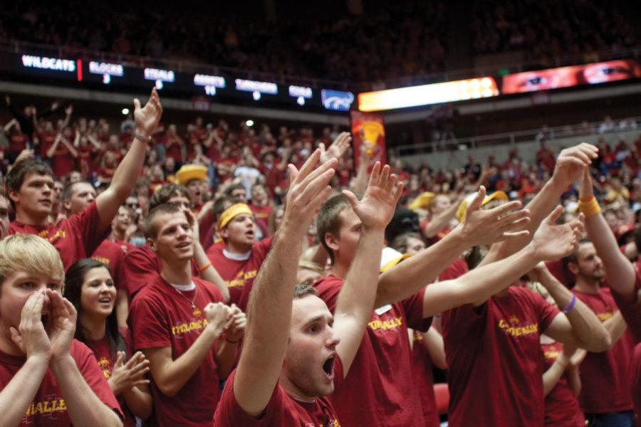 The student section reacts to a foul called against an ISU player during the game Tuesday, Jan. 31, at Hilton Coliesum.
