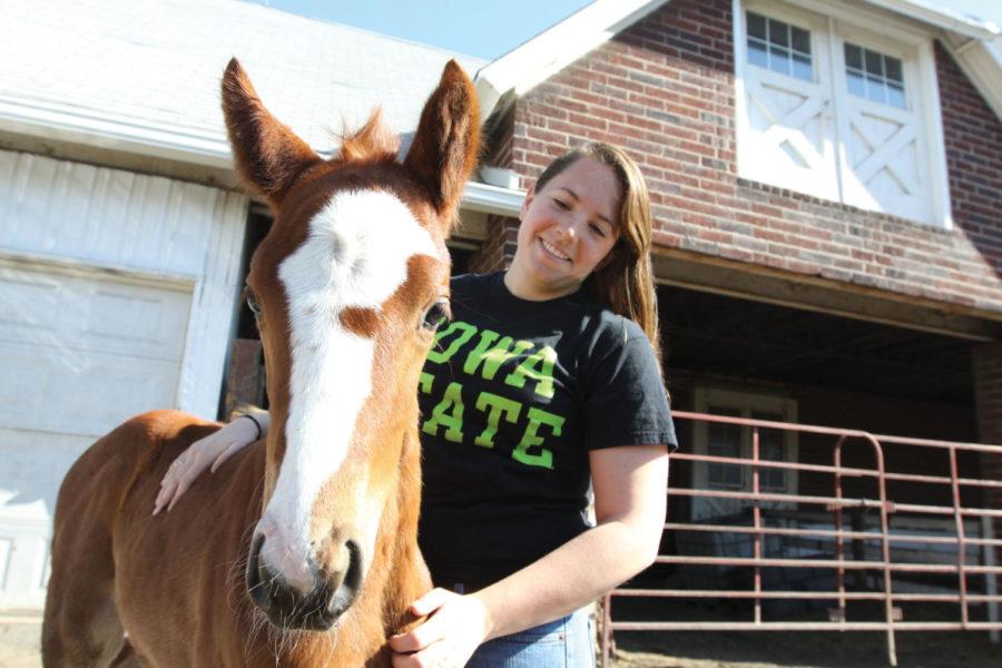 Anna Kinney, junior in animal science, is employed by the ISU Horse Barn to take care of newborn foals. Her duties include feeding horses, cleaning stalls and checking the horses to see if they are healthy.
