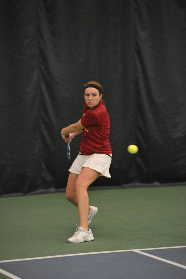 Cyclones Jenna Langhorst and Marie-Christine Chartier lost the first set during the match against University of Missouri - Kansas City on Friday, March 4 at Ames Racquet & Fitness Center.

