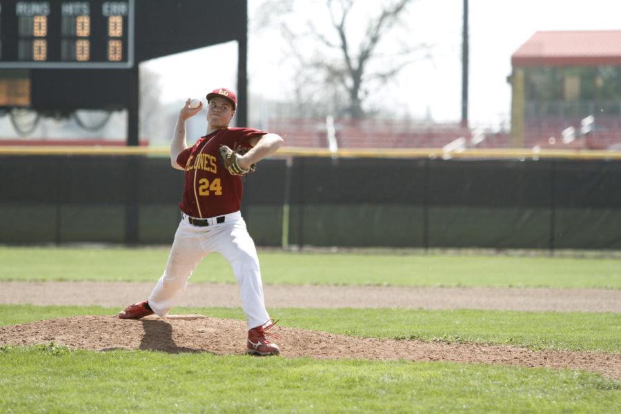 Iowa State Club Baseball pitcher Nick Wells delivers the ball during the first inning of play during the Cyclones game against Iowa at the Southwest Athletic Complex on Sunday, April 1. Wells gave up just one hit to the Hawkeyes in five innings of play.
