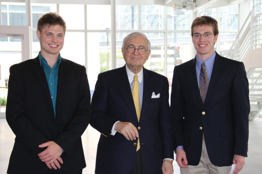 Sam Robinson, alumnus of Iowa State, and William Lohry, senior in chemical engineering, stand with John Pappajohn after winning the Pappajohn Business Plan Competition in Des Moines.
