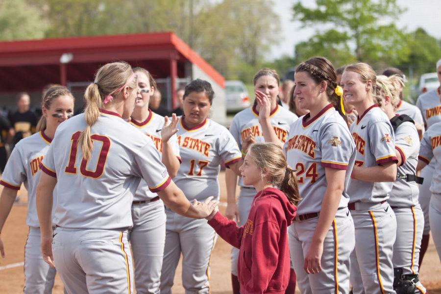 ISU softball players are introduced before their game against rival Iowa. Iowa State went on to win the game 4-3 Wednesday, April 18, at the Southwest Athletic Complex. 
