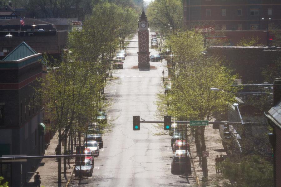 An aerial view looking up Welch Avenue in Campustown.
