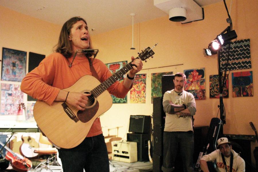 Clayton Severson sings Heart Strings during his set following the First Amendment Day poetry slam at The Space on Tuesday, April 10. Severson was the first of three musical acts lined up to play Tuesday evening. 

