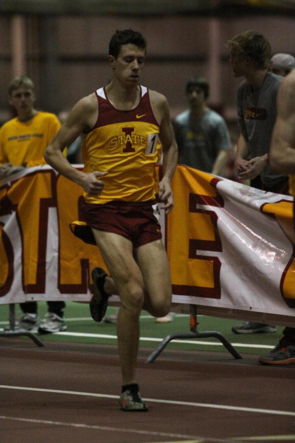 Rico Loy crosses the line during the mens 3000-meter final of
the Bill Bergan Invitational on Saturday, Jan. 28, at Lied. Loy won
the finals with a time of 8:07.69, scoring Iowa State 6 points at
the meet.
