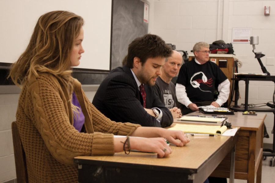 Ahna Kruzic, Jon Peters, Joseph Glazebrook, Ed Fallon and ISU journalism lecturer Richard Doak discuss protest issues for the Occupy Wall Street movement in Gilman Hall on Thursday, April 12. The event was part of the 10th annual First Amendment Day activities.
