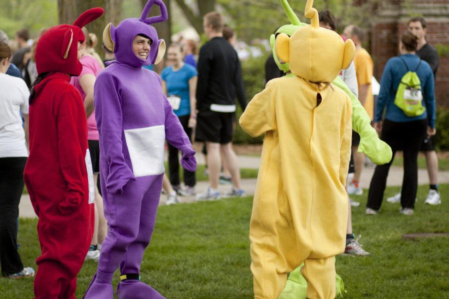 The Teletubbies — Ryan Schaben, Molly Ihde, Leah Cooper and Zach Irwinzoly — make an appearance at the 5k Doughnut Run on Saturday, April 14, as racers dressed in groups of old Halloween costumes.
