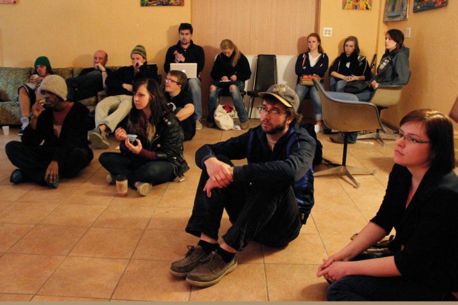 A crowd of nearly 20 people gathered to listen to Clayton Severson play a set following the First Amendment Day poetry slam at The Space on Tuesday, April 10. Members of the audience included poets who hung around after their performances as well as fans who came out primarily to see the lineup of bands schedule to play the evening. 
