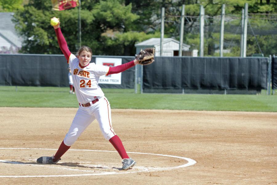 Pitcher Tori Torrescano pitches to a Texas A&M opponent Meagan May during the bottom of the sixth inning in the first game of Fridays double header. The Cyclones fell to the Angies 1-6 at the Southwest Athletic Complex.
