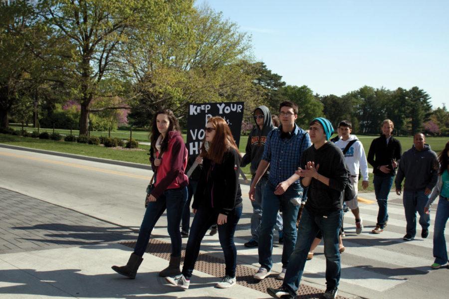 A parade for freedom of speech approaches Beardshear Hall on Thursday, April 12. The 10th annual First Amendment Day was celebrated at Iowa State on April 12, 2012.

