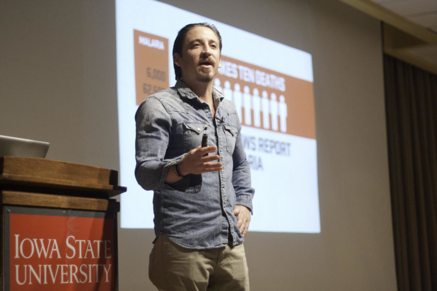 Bobby Bailey, co-founder of Invisible Children, speaks about his experiences in Africa and the challenge of bringing issues to light Monday, April 9, at the Sun Room in the Memorial Union. Bailey spoke about the difference in media coverage of swine flue versus malaria.
