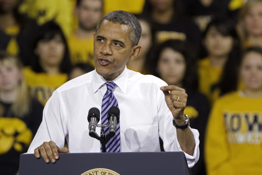 President Barack Obama speaks to a crowd of 5,500 people — according to a University of Iowa official — Wednesday, April 25, at the Field House in Iowa City. Obama gave remarks about student debt. 
