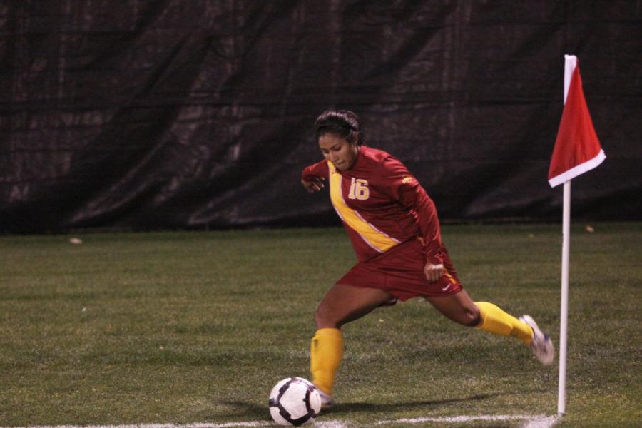 Sophomore forward Jennifer Dominguez takes a corner kick against
Texas Tech on Friday, Oct. 21, at the ISU Soccer Complex. Dominguez
scored the only goal of the game in the second overtime period to
give the Cyclones the win. She is the teams leading scorer with
five goals on the year.
